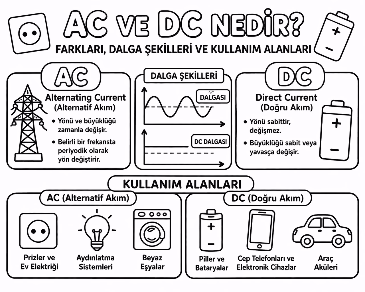 AC ve DC Nedir? Farkları, Dalga Şekilleri ve Kullanım Alanları