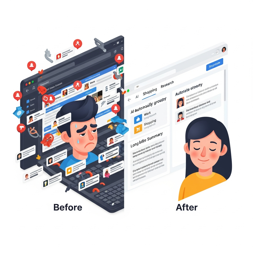 A split-screen conceptual illustration showing the contrast between 'before' and 'after' AI browser usage. On the left, a cluttered, chaotic browser screen with dozens of unorganized tabs and a stressed user. On the right, a clean, organized browser interface with an AI sidebar automatically grouping tabs, providing a concise summary of a long article, and highlighting key information. High-quality 3D isometric style, vibrant colors.