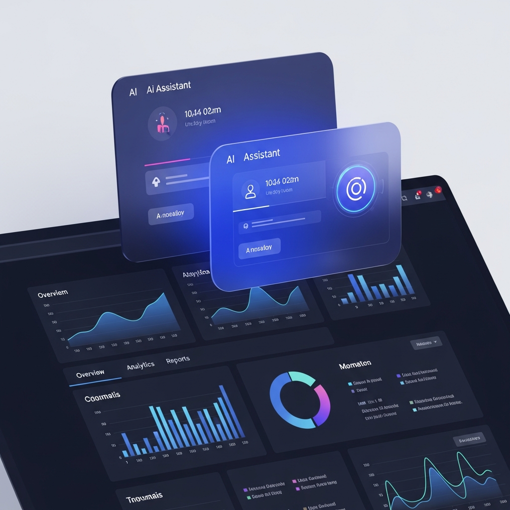 A futuristic and clean digital workspace illustration. A glowing, semi-transparent AI assistant interface is floating above a modern web browser window. The browser shows multiple complex data charts, text summaries, and organized tabs. The style is minimalist, professional, using deep blues, purples, and soft neon accents, representing the transition from a static window to an active digital assistant.