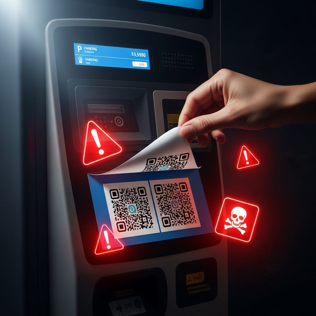 A conceptual digital art piece showing a public parking payment machine. A malicious sticker with a fake QR code is being peeled off to reveal a different code underneath. Cybersecurity theme, with glowing red warning icons hovering around the QR code, dark background, sharp details, high contrast, dramatic lighting to emphasize the threat.