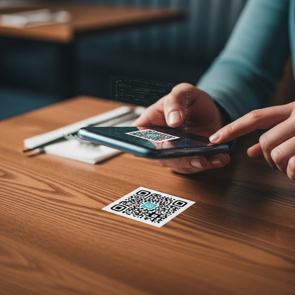 A high-quality, cinematic close-up shot of a person's hand holding a smartphone scanning a QR code on a wooden restaurant table. The QR code appears slightly suspicious or tampered with, with a subtle digital glitch effect overlaying the screen to hint at cyber danger. Professional photography, soft ambient lighting, focus on the interaction between the device and the code.